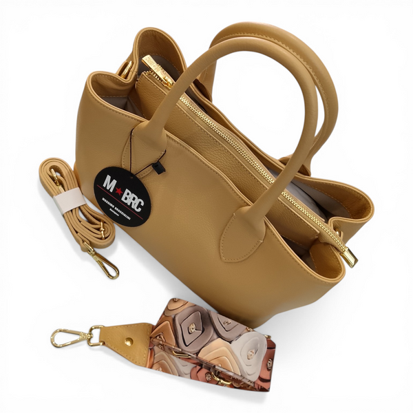 Borsa a mano in vera pelle mbrc colore camel con doppia tracolla,modello obona codice h057.