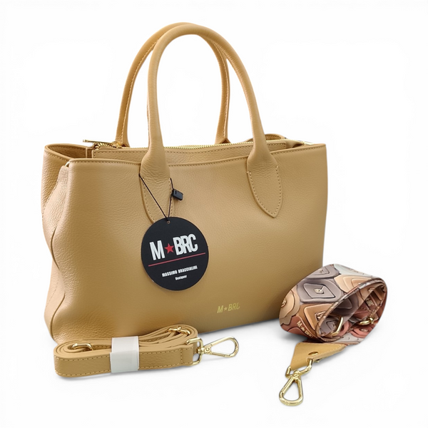 Borsa a mano in vera pelle mbrc colore camel con doppia tracolla,modello obona codice h057.