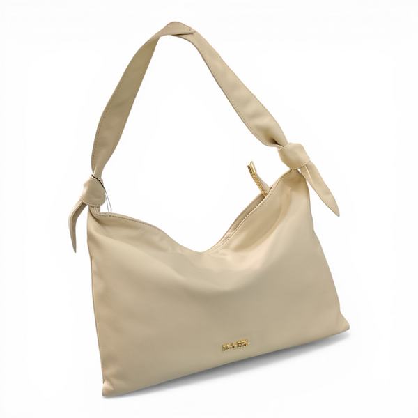 Scopri la borsa MBRC Petali in vera pelle beige (H157). Design fluido di Massimo Braccialini, nodi artigianali e eleganza Made in Italy.