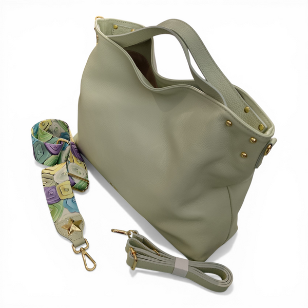 Borsa a mano in vera pelle con doppia tracolla mbrc di colore verde acqua codice h073.