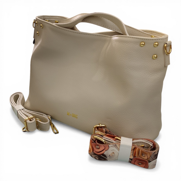 Borsa a mano in vera pelle mbrc colore avorio con doppia tracolla codice h073.