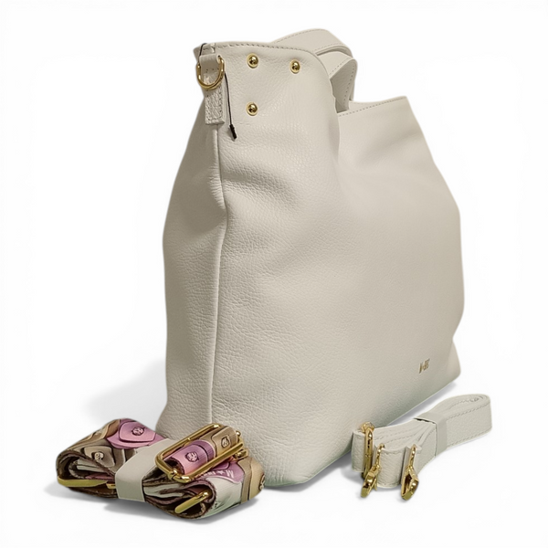 Borsa MBRC Obona H073 in vera pelle bianca. Design compatto 33x25x13 cm, Made in Italy con doppia tracolla e manici a scomparsa. Luminosità e stile senza tempo.