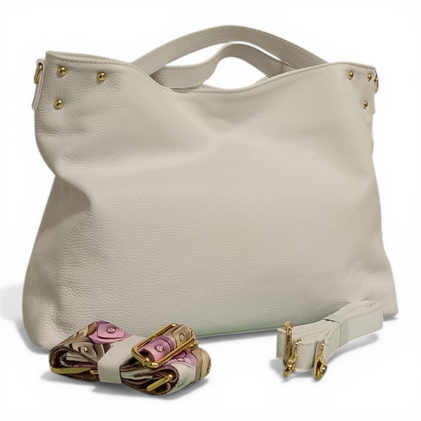 Borsa MBRC Obona H073 in vera pelle bianca. Design compatto 33x25x13 cm, Made in Italy con doppia tracolla e manici a scomparsa. Luminosità e stile senza tempo.