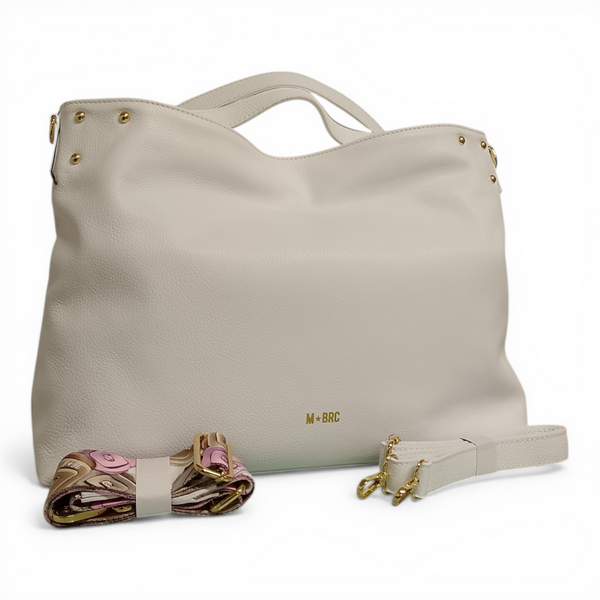 Borsa MBRC Obona H073 in vera pelle bianca. Design compatto 33x25x13 cm, Made in Italy con doppia tracolla e manici a scomparsa. Luminosità e stile senza tempo.