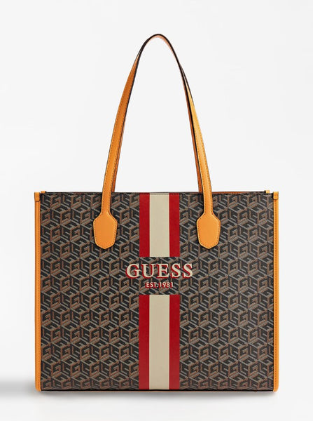 Borsa Shopper Guess modello Silvana colore Cube Logo con dettagli Arancio. Scomparti interni tra cui uno a chiusura zip. Adatta anche come borsa da lavoro. 