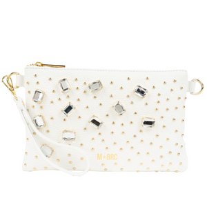 pochette mbrc bianca in pelle con strass.